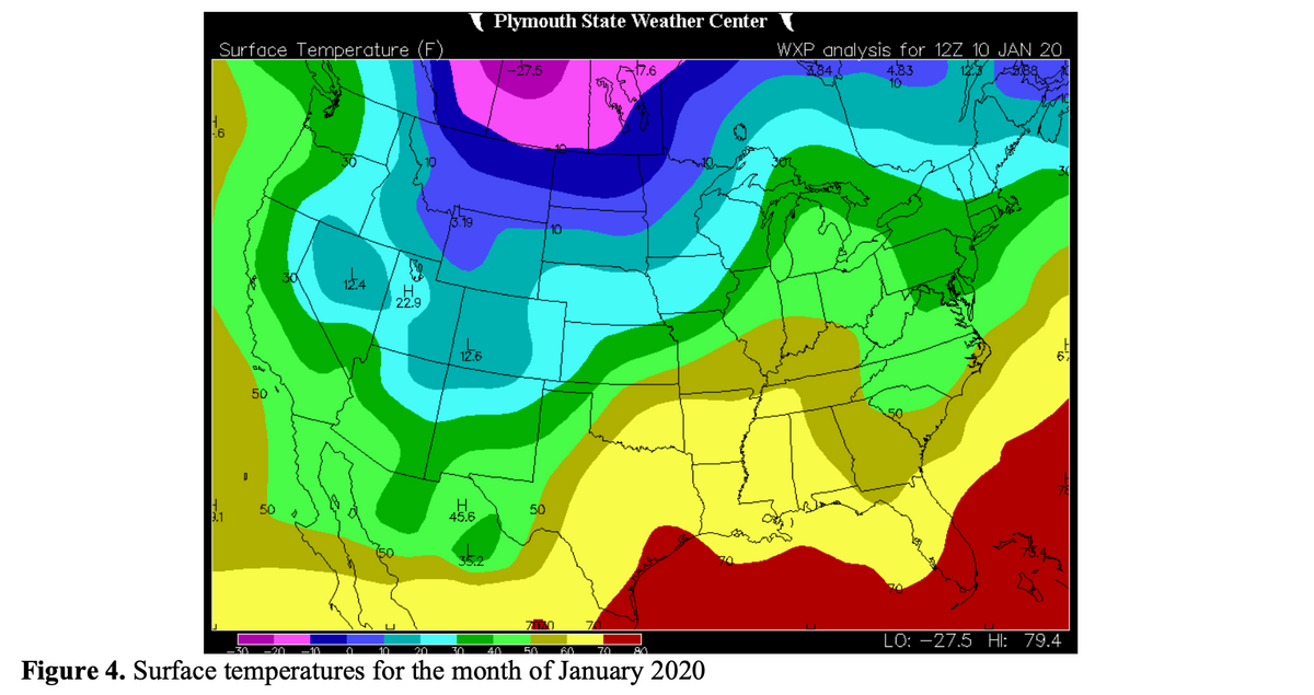 Surface Temperature (F)
3.1
50
50
12.4
H
22.9
12.6
H
45.6
Plymouth State Weather Center
-27.5
50
10
7.6
60
40
50
70
Figure 4. Surface temperatures for the month of January 2020
WXP analysis for 12Z 10 JAN 20
4.83
10
LO: -27.5 HI: 79.4