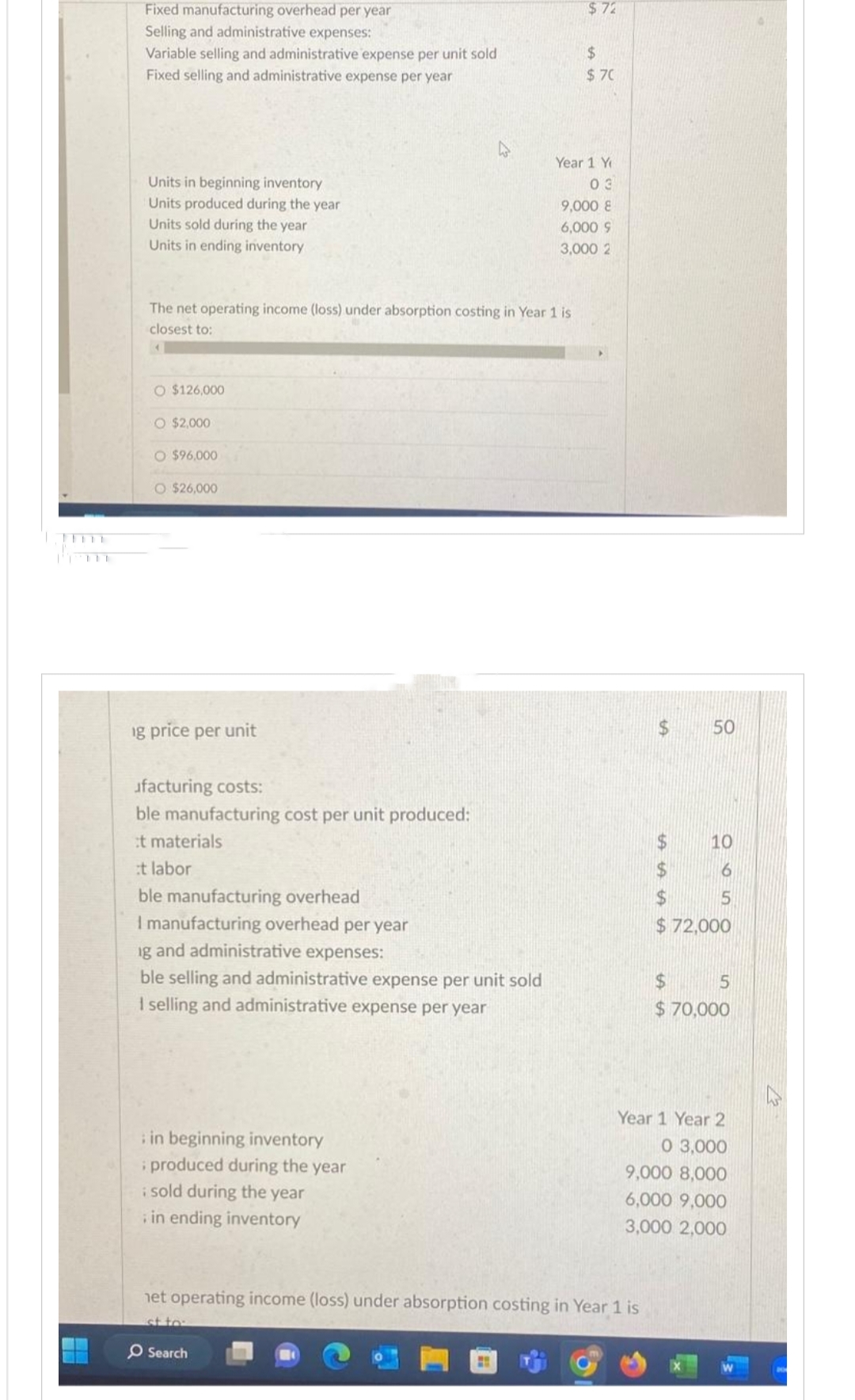Fixed manufacturing overhead per year
Selling and administrative expenses:
Variable selling and administrative expense per unit sold
Fixed selling and administrative expense per year
Units in beginning inventory
Units produced during the year
Units sold during the year
Units in ending inventory
The net operating income (loss) under absorption costing in Year 1 is
closest to:
O $126,000
O $2,000
O $96,000
O $26,000
ng price per unit
ufacturing costs:
ble manufacturing cost per unit produced:
it materials
it labor
ble manufacturing overhead
I manufacturing overhead per year
ng and administrative expenses:
ble selling and administrative expense per unit sold
I selling and administrative expense per year
in beginning inventory
; produced during the year
: sold during the year
in ending inventory
$72
O Search
$
$70
Year 1 Yo
03
9,000 8
6,000 9
3,000 2
het operating income (loss) under absorption costing in Year 1 is
st to:
$
LA LA LA LA
$
$
$
50
10
6
5
$72,000
$
$70,000
5
Year 1 Year 2
0 3,000
9,000 8,000
6,000 9,000
3,000 2,000
