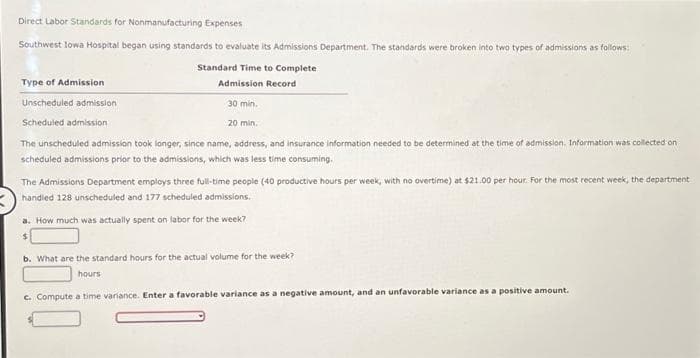 Direct Labor Standards for Nonmanufacturing Expenses
Southwest lowa Hospital began using standards to evaluate its Admissions Department. The standards were broken into two types of admissions as follows:
Standard Time to Complete
Admission Record
30 min.
20 min.
Type of Admission
Unscheduled admission
Scheduled admission
The unscheduled admission took longer, since name, address, and insurance information needed to be determined at the time of admission. Information was collected on
scheduled admissions prior to the admissions, which was less time consuming.
The Admissions Department employs three full-time people (40 productive hours per week, with no overtime) at $21.00 per hour. For the most recent week, the department
handled 128 unscheduled and 177 scheduled admissions..
a. How much was actually spent on labor for the week?
$
b. What are the standard hours for the actual volume for the week?
hours
c. Compute a time variance. Enter a favorable variance as a negative amount, and an unfavorable variance as a positive amount.
