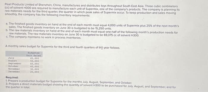 Pearl Products Limited of Shenzhen, China, manufactures and distributes toys throughout South East Asia. Three cubic centimeters
(cc) of solvent H300 are required to manufacture each unit of Supermix, one of the company's products. The company is planning its
raw materials needs for the third quarter, the quarter in which peak sales of Supermix occur. To keep production and sales moving
smoothly, the company has the following inventory requirements:
a. The finished goods inventory on hand at the end of each month must equal 4,000 units of Supermix plus 25% of the next month's
sales. The finished goods inventory on June 30 is budgeted to be 15,250 units.
b. The raw materials inventory on hand at the end of each month must equal one-half of the following month's production needs for
raw materials. The raw materials inventory on June 30 is budgeted to be 69,375 cc of solvent H300.
c. The company maintains no work in process inventories.
A monthly sales budget for Supermix for the third and fourth quarters of the year follows.
July
August
September
October
November
December
Dudgeted
Unit Sales
45,000
50,000
60,000
40,000
30,000
20,000
Required:
1. Prepare a production budget for Supermix for the months July, August, September, and October.
3. Prepare a direct materials budget showing the quantity of solvent H300 to be purchased for July, August, and September, and for
the quarter in total.