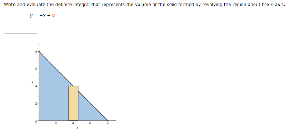 Write and evaluate the definite integral that represents the volume of the solid formed by revolving the region about the x-axis.
y = -x + 8
2
4
