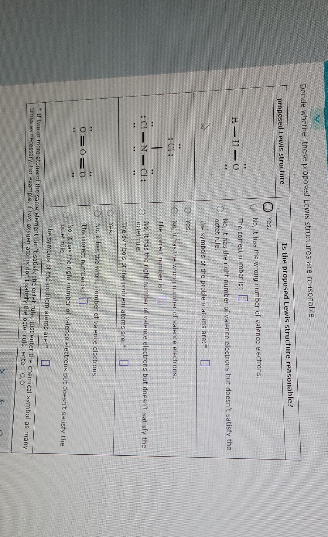 :O:
:Q:
: O :
:2:
:O :
Decide whether these proposed Lewis structures are reasonable.
Is the proposed Lewis structure reasonable?
proposed Lewis structure
O Yes.
No, it has the wrong number of valence electrons.
The correct number is:
Н — Н — О
No, it has the right number of valence electrons but doesn't satisfy the
octet rule.
The symbols of the problem atoms are:*
Yes.
No, it has the wrong number of valence electrons.
: Cl:
The correct number is:
No, it has the right number of valence electrons but doesn't satisfy the
octet rule.
:Cl –
-Cl:
The symbols of the problem atoms are:*
Yes.
O No, it has the wrong number of valence electrons.
0=0=O
The correct number is:|
No, it has the right number of valence electrons but doesn't satisfy the
octet rule.
The symbols of the problem atoms are:
* If two or more atoms of the same element dont satisfy the octet rule, just enter the chemical symbol as many
times as necessary. For example, if twO oxygen atoms don't satisfy the octet rule, enter "0,0".
