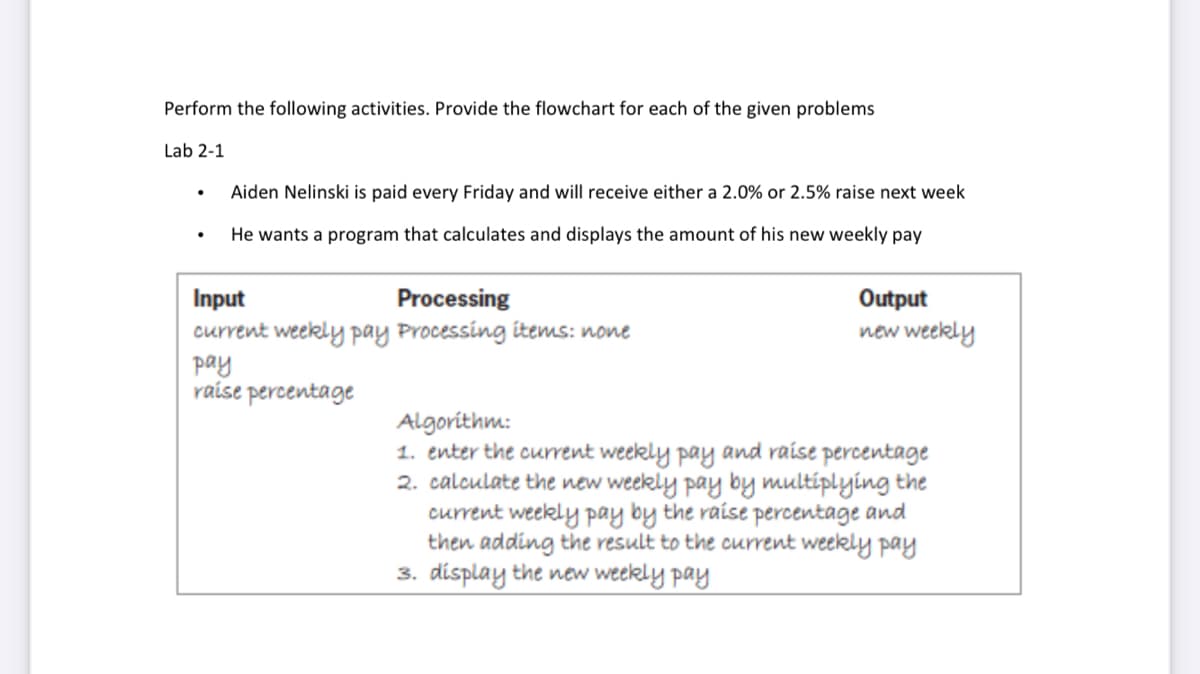 Perform the following activities. Provide the flowchart for each of the given problems
Lab 2-1
Aiden Nelinski is paid every Friday and will receive either a 2.0% or 2.5% raise next week
He wants a program that calculates and displays the amount of his new weekly pay
Input
current weekly pay Processing items: none
pay
raise percentage
Processing
Output
new weekly
Algorithm:
1. enter the current weekly pay and raise percentage
2. calculate the new weekly pay by multiplying the
current weekly pay by the raise percentage and
then adding the result to the current weekly pay
3. display the new weekly pay
