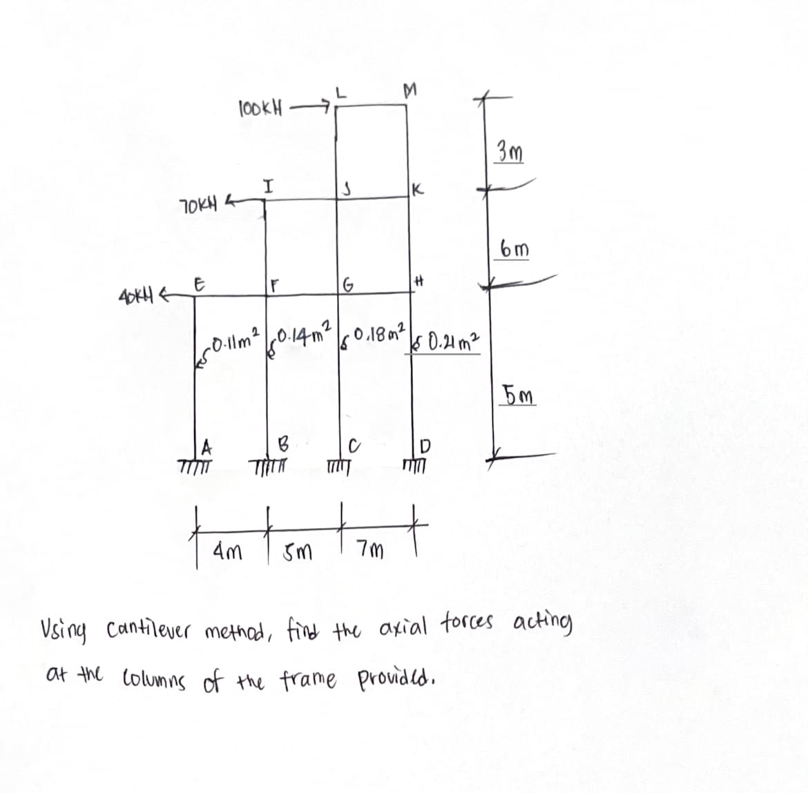 40kH &
100KH
70KM 4
E
I
F
G
TIT
tam tom
M
50.11m² 50.14m² 60.18m²
K
H
1 0.21 m²
tam t
3m
6m
5m
Using Cantilever method, find the axial forces acting
at the Columns of the frame provided.