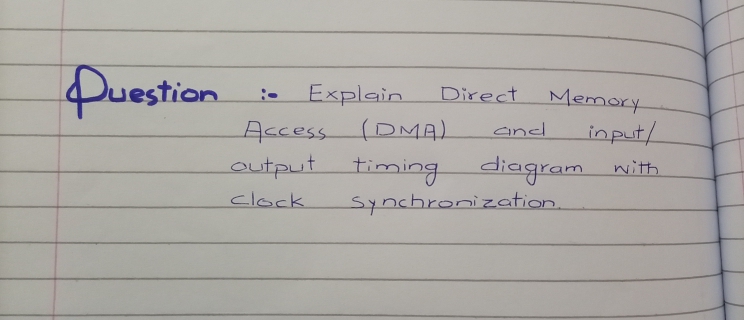 Puestion
Explain
Direct
Memory
:-
(DMA)
output timing diagram
Access
and
input/
with
clock
Synchronization.
