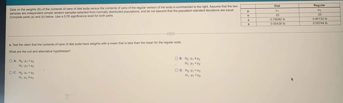 Regular
Data on the weights (Ib) of the contents of cans of diet soda versus the contents of cans of the regular version of the soda is summarized to the right. Assume that the two
samples are independent simple random samples selected from normally distributed populations, and do not assume that the population standard deviations are equal.
Complete parts (a) and (b) below. Use a 0.05 significance level for both parts.
Diet
H1
20
20
0.80132 Ib
0.00744 lb
0.78092 Ib
0.00436 Ib
a. Test the claim that the contents of cans of diet soda have weights with a mean that is less than the mean for the regular soda.
What are the null and alternative hypotheses?
O A. Hg: H1 = H2
H: H1 > H2
O B. Ho: H1 # 2
H: H1 <H2
OC. Ho: H1 = H2
O D. Ho: H1 = H2
H: H1 # H2
