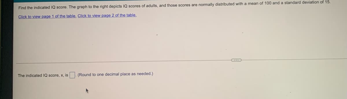 Find the indicated IQ score. The graph to the right depicts IQ scores of adults, and those scores are normally distributed with a mean of 100 and a standard deviation of 15.
Click to view page 1 of the table. Click to view page 2 of the table.
The indicated IQ score, x, is
(Round to one decimal place as needed.)
