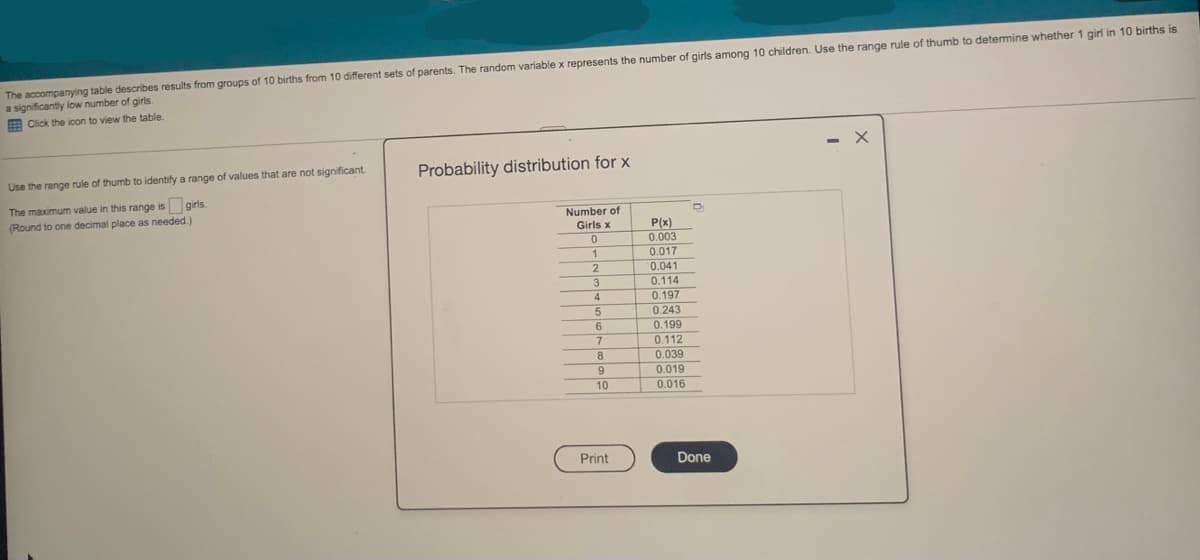 The accompanying table describes results from groups of 10 births from 10 different sets of parents. The random variable x represents the number of girls among 10 children. Use the range rule of thumb to determine whether 1 girl in 10 births is
a significantly low number of girls.
E Click the icon to view the table
Use the range rule of thumb to identify a range of values that are not significant.
Probability distribution for x
The maximum value in this range is girls
(Round to one decimal place as needed.)
Number of
Girls x
P(x)
0.003
0.017
0.041
0.114
0.197
1
3
4
0.243
0.199
0.112
6
8
0.039
0.019
10
0.016
Print
Done
