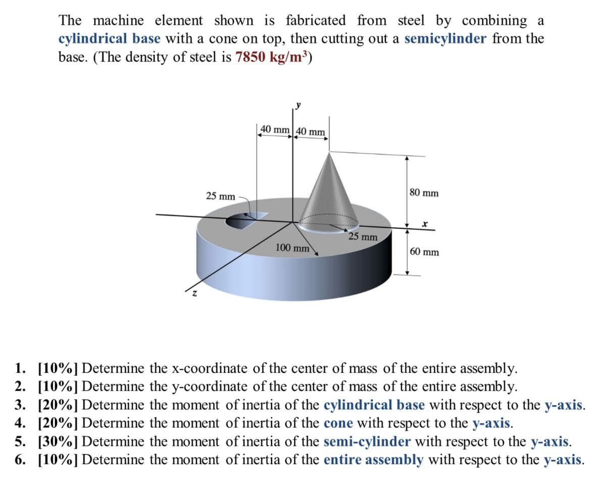 The machine element shown is fabricated from steel by combining a
cylindrical base with a cone on top, then cutting out a semicylinder from the
base. (The density of steel is 7850 kg/m³)
25 mm
40 mm 40 mm
80 mm
x
25 mm
60 mm
100 mm
1. [10%] Determine the x-coordinate of the center of mass of the entire assembly.
2. [10%] Determine the y-coordinate of the center of mass of the entire assembly.
3. [20%] Determine the moment of inertia of the cylindrical base with respect to the y-axis.
4. [20%] Determine the moment of inertia of the cone with respect to the y-axis.
5. [30%] Determine the moment of inertia of the semi-cylinder with respect to the y-axis.
6. [10%] Determine the moment of inertia of the entire assembly with respect to the y-axis.