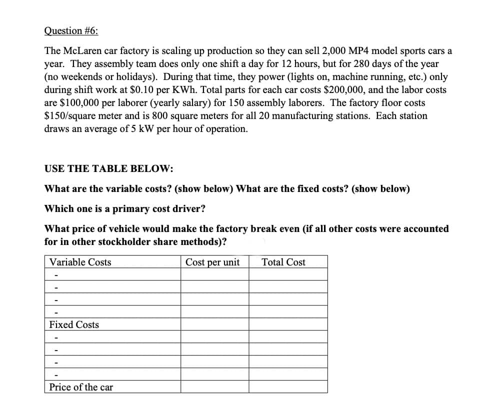 Question #6:
The McLaren car factory is scaling up production so they can sell 2,000 MP4 model sports cars a
year. They assembly team does only one shift a day for 12 hours, but for 280 days of the year
(no weekends or holidays). During that time, they power (lights on, machine running, etc.) only
during shift work at $0.10 per KWh. Total parts for each car costs $200,000, and the labor costs
are $100,000 per laborer (yearly salary) for 150 assembly laborers. The factory floor costs
$150/square meter and is 800 square meters for all 20 manufacturing stations. Each station
draws an average of 5 kW per hour of operation.
USE THE TABLE BELOW:
What are the variable costs? (show below) What are the fixed costs? (show below)
Which one is a primary cost driver?
What price of vehicle would make the factory break even (if all other costs were accounted
for in other stockholder share methods)?
Variable Costs
Cost per unit Total Cost
Fixed Costs
Price of the car