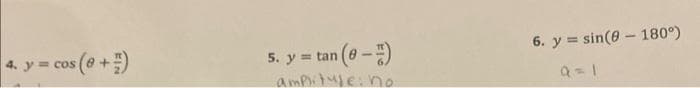 os (0 + )
4. y = cos
tan (e-)
5. y = tan
amplitude: no.
6. y sin(8180°)
Q=1