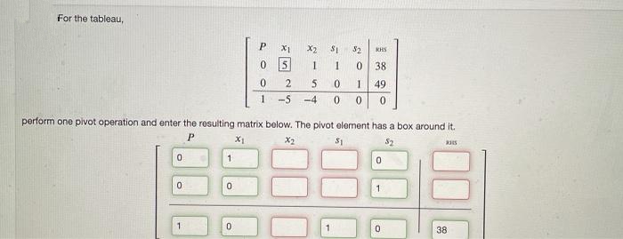 For the tableau,
X2
S2
KHS
1
38
2
1
49
-5
-4
perform one pivot operation and enter the resulting matrix below. The pivot element has a box around it.
P.
X1
X2
$1
38
