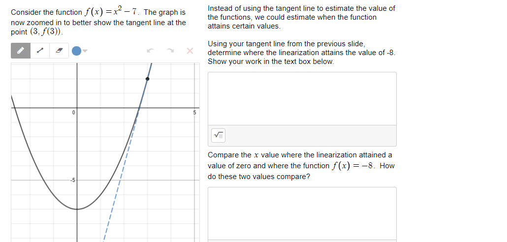 Instead of using the tangent line to estimate the value of
the functions, we could estimate when the function
attains certain values.
Consider the function f(x) =x - 7. The graph is
now zoomed in to better show the tangent line at the
point (3, f(3)).
Using your tangent line from the previous slide,
determine where the linearization attains the value of -8.
Show your work in the text box below,.
Compare the x value where the linearization attained a
value of zero and where the function f(x) = -8. How
do these two values compare?
