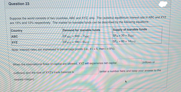 Question 23
Suppose the world consists of two countries, ABC and XYZ, only. The (autarky) equilibrium interest rate in ABC and XYZ
are 15% and 12% respectively. The market for loanable funds can be described by the following equations:
Demand for loanable funds
DFABC = 300 – 7İABC
DFXYZ = 180 – 6ixyZ
Supply of loanable funds
SFB = 30 + 3İABC
Country
АВС
XYZ
SFc = 60 + 14ixYZ
%3D
Note: Interest rates are expressed in percentage points (i.e., if i = 5, then i = 5%).
(inflows or
When the international flows of capital are allowed, XYZ will experience net capital
(enter a number here and keep your answer to the
outflows) and the size of XYZ's trade balance is
nearest integer)
