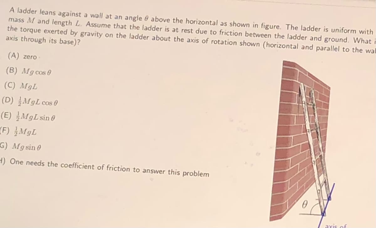 A ladder leans against a wall at an angle 0 above the horizontal as shown in figure. The ladder is uniform with
mass M and length L. Assume that the ladder is at rest due to friction between the ladder and ground. What i
the torque exerted by gravity on the ladder about the axis of rotation shown (horizontal and parallel to the wal
axis through its base)?
(A) zero
(B) Mg cos 0
(C) MgL
(D) MgL cos 0
(E) MgL sin e
(F) MgL
G) Mg sin 0
H) One needs the coefficient of friction to answer this problem
axis of
