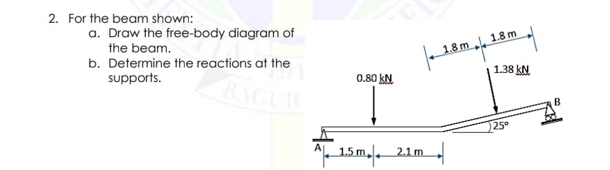 2. For the beam shown:
a. Draw the free-body diagram of
1.8 m 1.8 m
1.38 kN
the beam.
b. Determine the reactions at the
supports.
0.80 kN
BAGUIC
25°
자- 15m--
2.1 m
