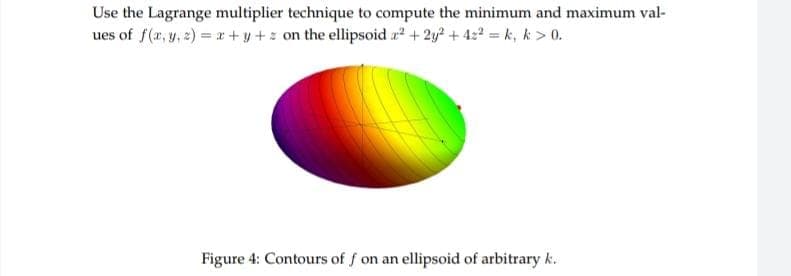 Use the Lagrange multiplier technique to compute the minimum and maximum val-
ues of f(x, y, z) = x+y+z on the ellipsoid z² + 2y² + 42² = k, k> 0.
Figure 4: Contours of f on an ellipsoid of arbitrary k.