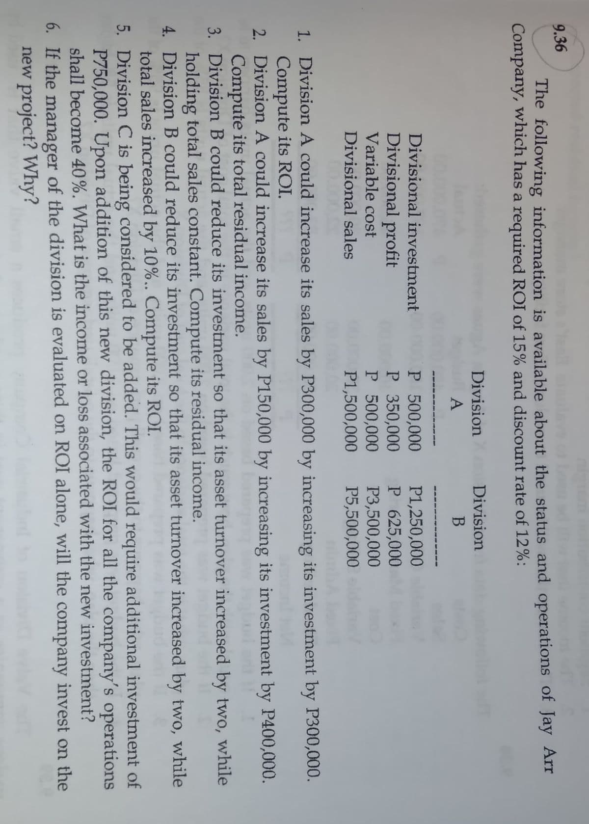 9.36
The following information is available about the status and operations of Jay Ar
Company, which has a required ROI of 15% and discount rate of 12%:
Division
Division
A
Divisional investment
P 500,000
P 350,000
P 500,000
P1,500,000
P1,250,000
P 625,000
P3,500,000
P5,500,000
Divisional profit
Variable cost
Divisional sales
1. Division A could increase its sales by P300,000 by increasing its investment by P300,000.
Compute its ROI.
2. Division A could increase its sales by P150,000 by increasing its investment by P400,000.
Compute its total residual income.
3. Division B could reduce its investment so that its asset turnover increased by two, while
holding total sales constant. Compute its residual income.
4. Division B could reduce its investment so that its asset turnover increased by two, while
total sales increased by 10%.. Compute its ROI.
5. Division C is being considered to be added. This would require additional investment of
P750,000. Upon addition of this new division, the ROI for all the company's operations
shall become 40%. What is the income or loss associated with the new investment?
6. If the manager of the division is evaluated on ROI alone, will the company invest on the
new project? Why?
