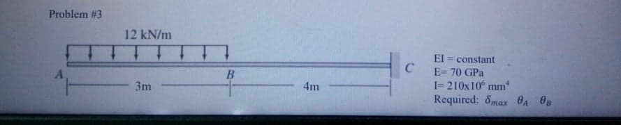 Problem #3
12 kN/m
El = constant
E= 70 GPa
I= 210x10 mm
Required: 8max OA 0B
B
3m
4m
