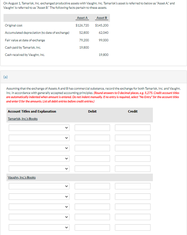 On August 1, Tamarisk, Inc. exchanged productive assets with Vaughn, Inc. Tamarisk's asset is referred to below as "Asset A," and
Vaughn' is referred to as "Asset B." The following facts pertain to these assets.
Asset A
Asset B
Original cost
$126,720
$145,200
Accumulated depreciation (to date of exchange)
52,800
62,040
Fair value at date of exchange
79,200
99,000
Cash paid by Tamarisk, Inc.
19,800
Cash received by Vaughn, Inc.
19,800
(a)
Assuming that the exchange of Assets A and B has commercial substance, record the exchange for both Tamarisk, Inc. and Vaughn,
Inc. in accordance with generally accepted accounting principles. (Round answers to O decimal places, e.g. 5,275. Credit account titles
are automatically indented when amount is entered. Do not indent manually. If no entry is required, select "No Entry" for the account titles
and enter O for the amounts. List all debit entries before credit entries.)
Account Titles and Explanation
Tamarisk, Inc's Books
Debit
Credit
Vaughn, Inc's Books
>
>
>