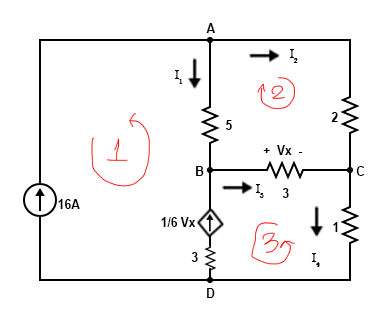 +16A
1
Į
B
1/6 Vx
3
لیا
A
D
5
Į₂
(2)
+ Vx -
ww
₂3
35
I,
C