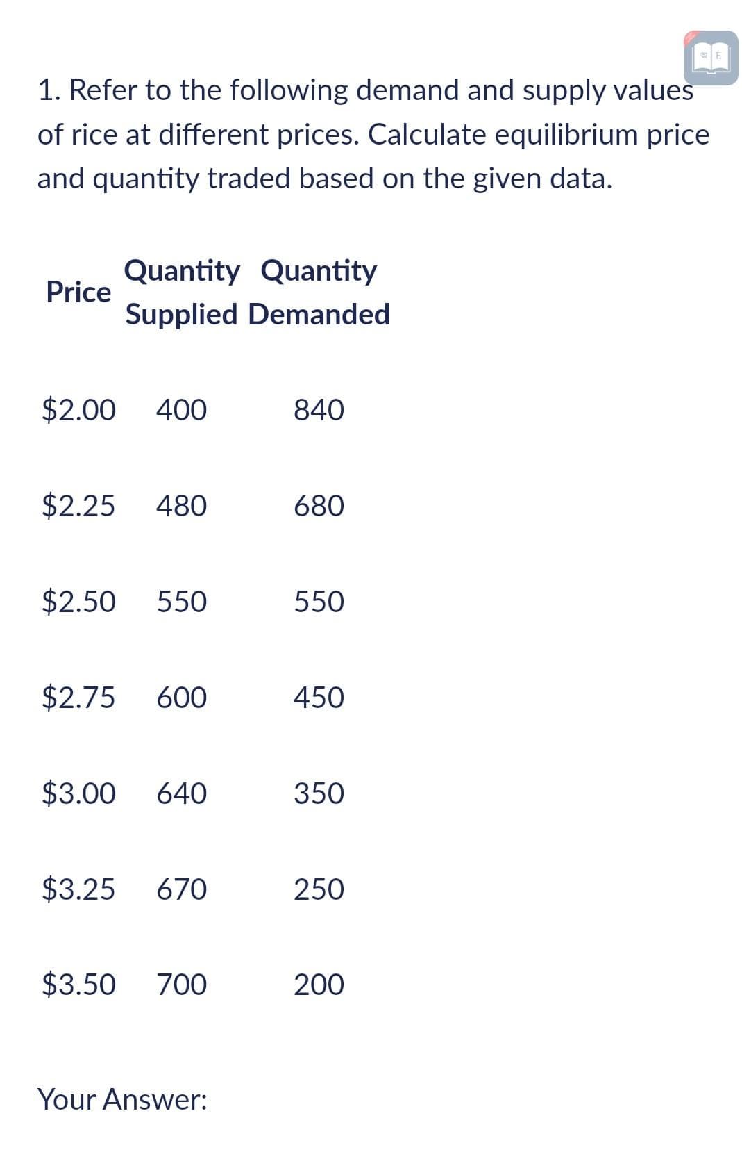 AA
1. Refer to the following demand and supply values
of rice at different prices. Calculate equilibrium price
and quantity traded based on the given data.
Quantity Quantity
Price
Supplied Demanded
$2.00
400
840
$2.25
480
680
$2.50
550
550
$2.75
600
450
$3.00
640
350
$3.25
670
250
$3.50
700
200
Your Answer:
