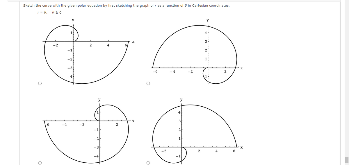 Sketch the curve with the given polar equation by first sketching the graph of r as a function of e in Cartesian coordinates.
r = 0,
020
y
y
4
3
- 2
2
- 2
1
-6
-4
-2
-4
y
y
4
-6
-4
-2
2
2
4
