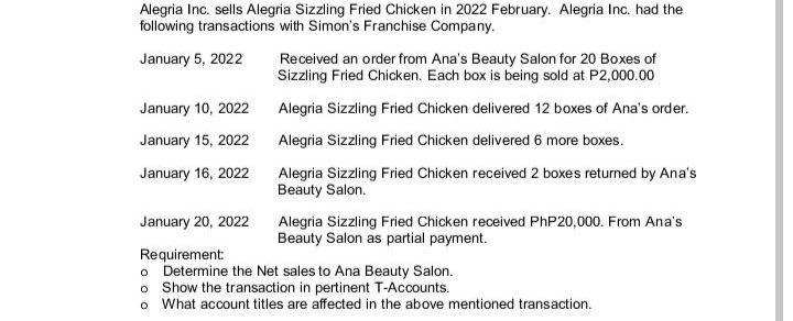 Alegria Inc. sells Alegria Sizzling Fried Chicken in 2022 February. Alegria Inc. had the
following transactions with Simon's Franchise Company.
January 5, 2022
January 10, 2022
January 15, 2022
January 16, 2022
Received an order from Ana's Beauty Salon for 20 Boxes of
Sizzling Fried Chicken. Each box is being sold at P2,000.00
Alegria Sizzling Fried Chicken delivered 12 boxes of Ana's order.
Alegria Sizzling Fried Chicken delivered 6 more boxes.
Alegria Sizzling Fried Chicken received 2 boxes returned by Ana's
Beauty Salon.
January 20, 2022
Requirement:
o Determine the Net sales to Ana Beauty Salon.
o Show the transaction in pertinent T-Accounts.
o What account titles are affected in the above mentioned transaction.
Alegria Sizzling Fried Chicken received PhP20,000. From Ana's
Beauty Salon as partial payment.