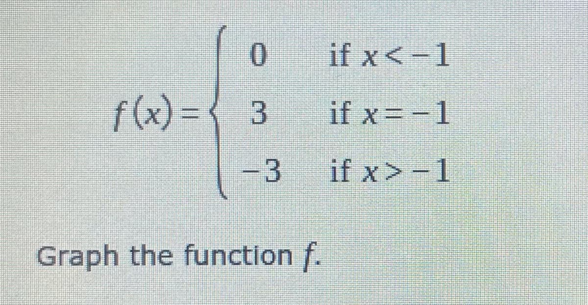 if x <-1
f(x)%3D{ 3
if x=-1
-3
if x>-1
Graph the function f.
