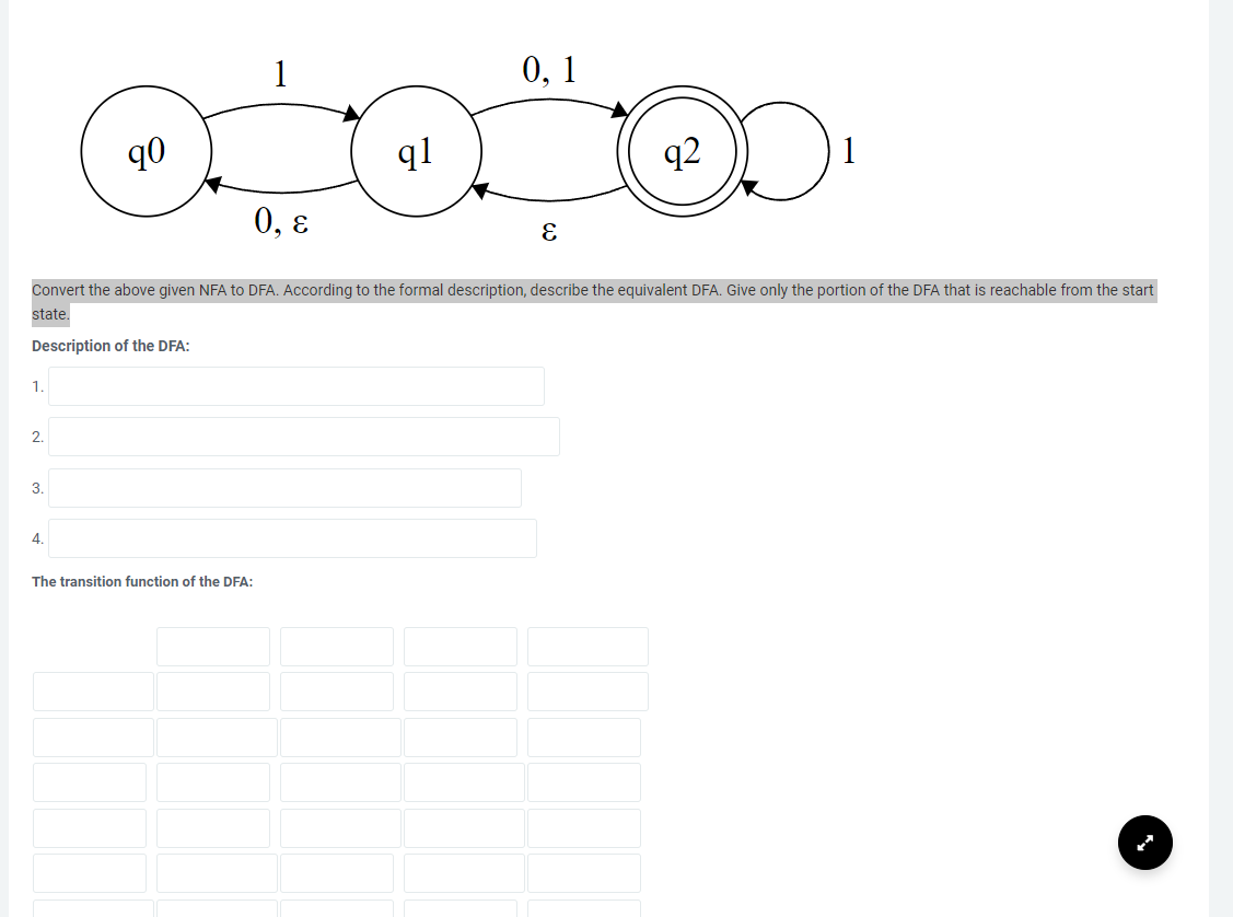 1.
2.
3.
90
4.
0, &
Convert the above given NFA to DFA. According to the formal description, describe the equivalent DFA. Give only the portion of the DFA that is reachable from the start
state.
Description of the DFA:
1
The transition function of the DFA:
q1
0,1
92
E