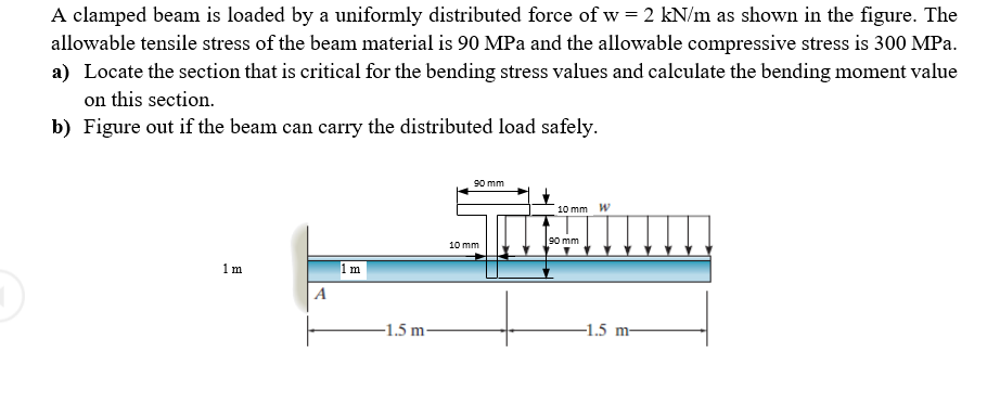 A clamped beam is loaded by a uniformly distributed force of w=2 kN/m as shown in the figure. The
allowable tensile stress of the beam material is 90 MPa and the allowable compressive stress is 300 MPa.
a) Locate the section that is critical for the bending stress values and calculate the bending moment value
on this section.
b) Figure out if the beam can carry the distributed load safely.
90 mm
10 mm W
90 mm
10 mm
1 m
1 m
A
-1.5 m
-1.5 m-
