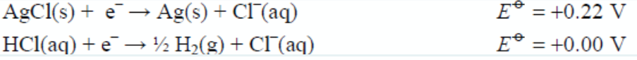 AgCl(s) + e¯→ Ag(s) + Cl'(aq)
E° = +0.22 V
%3D
HCl(aq) + e¯ → ½ H>(g) + CI(aq)
E* = +0.00 V
