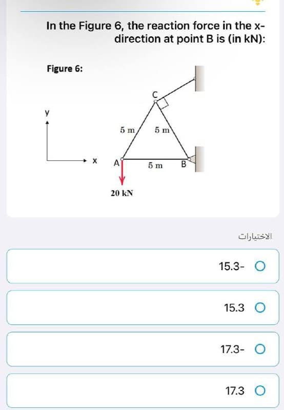 In the Figure 6, the reaction force in the x-
direction at point B is (in kN):
Figure 6:
5 m
5 m
A
20 KN
5 m
B
الاختيارات
15.3- O
15.3 O
17.3- O
17.3 O