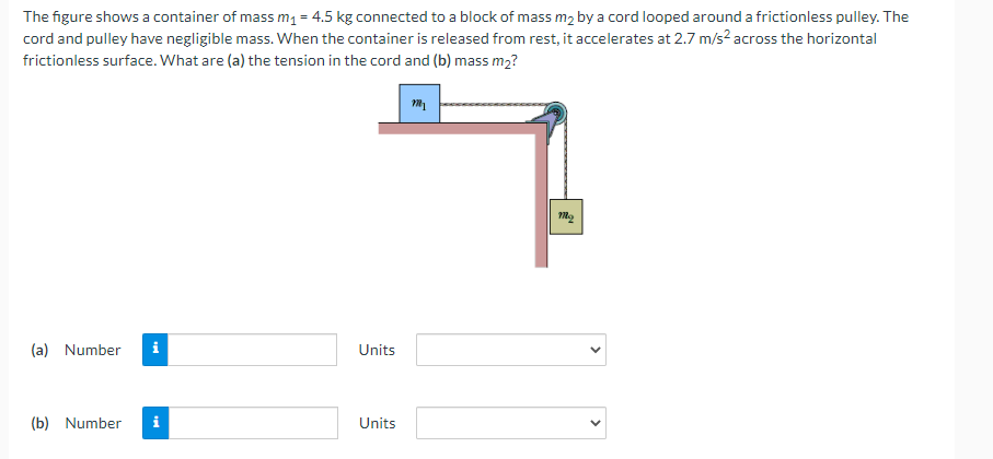 The figure shows a container of mass m₁ = 4.5 kg connected to a block of mass m₂ by a cord looped around a frictionless pulley. The
cord and pulley have negligible mass. When the container is released from rest, it accelerates at 2.7 m/s² across the horizontal
frictionless surface. What are (a) the tension in the cord and (b) mass m₂?
m
Mo
(a) Number i
(b) Number
Mi
Units
Units