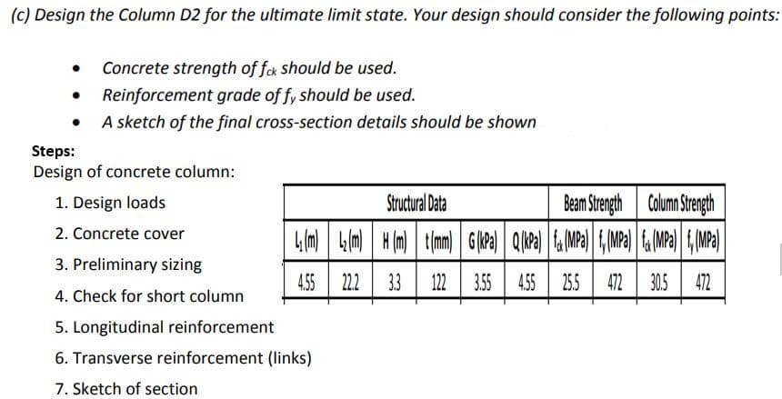 (c) Design the Column D2 for the ultimate limit state. Your design should consider the following points:
Concrete strength of fak Should be used.
Reinforcement grade of fy should be used.
• A sketch of the final cross-section details should be shown
Steps:
Design of concrete column:
1. Design loads
Structural Data
Beam Stength Column Srength
4 m H (m)
2. Concrete cover
t(mm Ga)
3. Preliminary sizing
4.55 222
33
122 3.55 455
472 | 30.5
472
4. Check for short column
5. Longitudinal reinforcement
6. Transverse reinforcement (links)
7. Sketch of section
