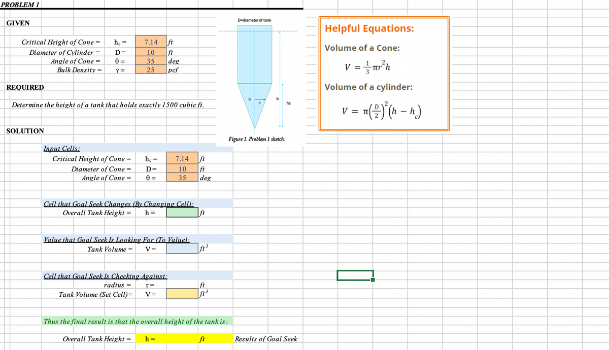 PROBLEM 1
GIVEN
Critical Height of Cone =
Diameter of Cylinder =
Angle of Cone =
Bulk Density=
REQUIRED
SOLUTION
hc=
D=
0 =
y =
Input Cells:
Determine the height of a tank that holds exactly 1500 cubic ft.
Critical Height of Cone =
Diameter of Cone =
Angle of Cone =
Value that Goal Seek Is Looking
ft
10 ft
35
7.14
deg
25 pcf
radius=
Tank Volume (Set Cell)=
Cell that Goal Seek Changes (By Changing Cell):
Overall Tank Height = h =
hc =
D=
0 =
Overall Tank Height =
Tank Volume = V=
Cell that Goal Seek Is Checking Against:
r=
V=
For (To Value):
ft
7.14
10 ft
35 deg
h =
ft
Thus the final result is that the overall height of the tank is:
ft
ft³
D-diameter of tank
r
Figure 1. Problem 1 sketch.
hc
Results of Goal Seek
Helpful Equations:
Volume of a Cone:
V = = = πr²³h
Volume of a cylinder:
V =
π(12/7) ² (n − n)