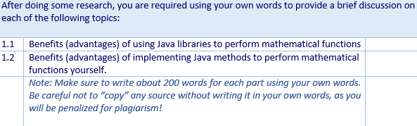 After doing some research, you are required using your own words to provide a brief discussion on
each of the following topics:
Benefits (advantages) of using Java libraries to perform mathematical functions
Benefits (advantages) of implementing Java methods to perform mathematical
functions yourself.
Note: Make sure to write about 200 words for each part using your own words.
Be careful not to "copy" any source without writing it in your own words, as you
will be penalized for plagiarism!
1.1
1.2
