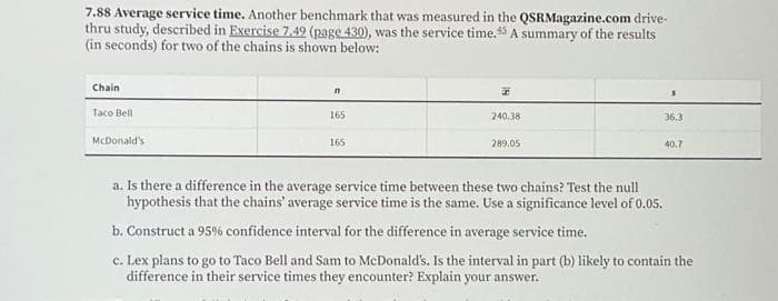 7.88 Average service time. Another benchmark that was measured in the QSRMagazine.com drive-
thru study, described in Exercise 7.49 (page 430), was the service time.45 A summary of the results
(in seconds) for two of the chains is shown below:
Chain
Taco Bell
McDonald's
n
165
165
2
240.38
289.05
36.3
40.7
a. Is there a difference in the average service time between these two chains? Test the null
hypothesis that the chains' average service time is the same. Use a significance level of 0.05.
b. Construct a 95% confidence interval for the difference in average service time.
c. Lex plans to go to Taco Bell and Sam to McDonald's. Is the interval in part (b) likely to contain the
difference in their service times they encounter? Explain your answer.