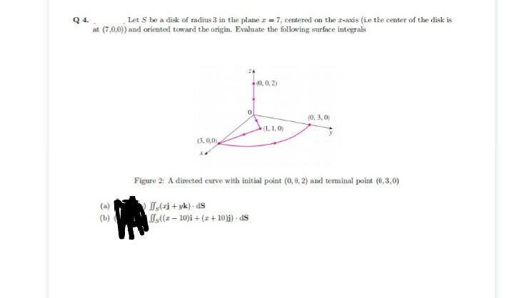 Q4.
Let S be a disk of radius 3 in the plane r = 7, centered on the r-axis (ie the center of the disk is
at (7,0,0)) and oriented toward the origin. Evaluate the following surface integrals
@C
(3, 0,0)
XA
0
(0,0,.2)
(1.1.0)
(0, 3,0)
Figure 2: A directed curve with initial point (0, 0, 2) and terminal point (0,3,0)
(zj+yk). ds
s((z-10)i + (z+10)j) - ds