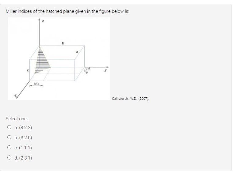 Miller indices of the hatched plane given in the figure below is:
b
b/3
Callister Jr., W.D. (2007).
Select one:
О а. (3 22)
O b. (3 2 0)
O c. (111)
O d. (23 1)
