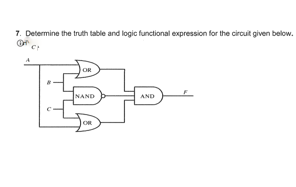 7. Determine the truth table and logic functional expression for the circuit given below.
A
OR
B
F
NAND
AND
OR
