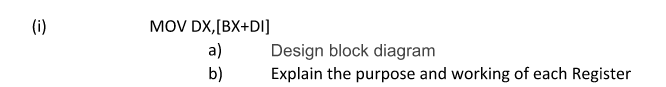 (i)
MOV DX,[BX+DI]
a)
b)
Design block diagram
Explain the purpose and working of each Register
