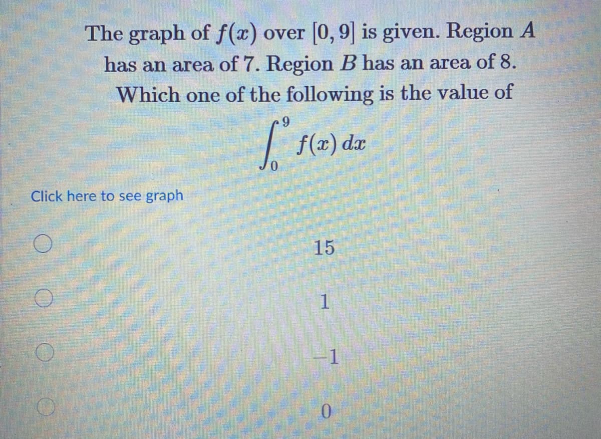 The graph of f(x) over [0, 9] is given. Region A
has an area of 7. Region B has an area of 8.
Which one of the following is the value of
9.
| f(x).
Odx
0.
Click here to see graph
15
1
0.
