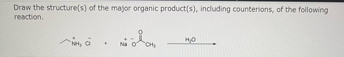 Draw the structure(s) of the major organic product(s), including counterions, of the following
reaction.
ẢNH, C
+
+
Na O
CH3
H₂O