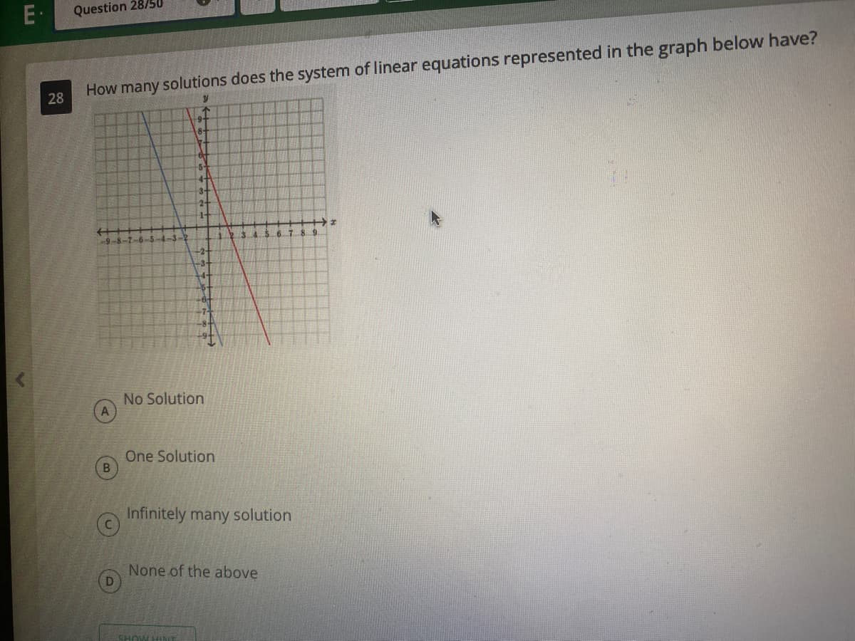 E-
Question 28/50
How many solutions does the system of linear equations represented in the graph below have?
28
2-
1-
-9-8-7-6-5-4-3-5
7 89
+2
No Solution
One Solution
Infinitely many solution
None of the above
