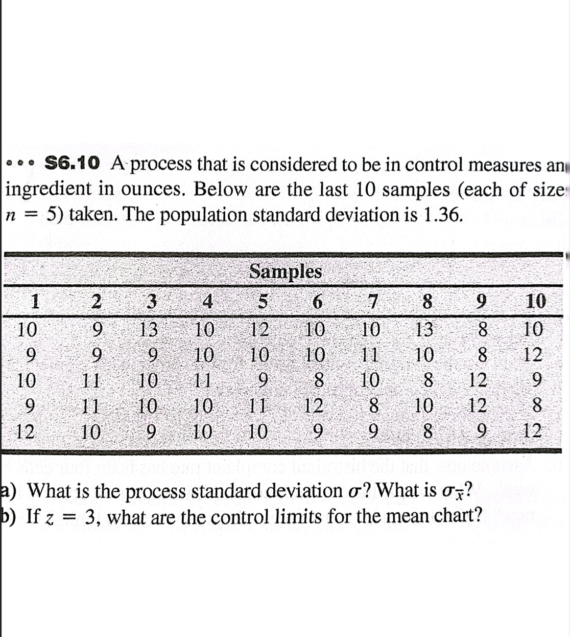 ...S6.10 A process that is considered to be in control measures an
ingredient in ounces. Below are the last 10 samples (each of size
n = 5) taken. The population standard deviation is 1.36.
pound
1
10
9
10
9
12
2
=
33900a
10
9
9
11
11 10
13
10
+0000
10
10
11
10
10
Samples
5
12
10
9
11
10
6
10
10
8
12
9
7
10
11
10
8
웅이웅이잉
13
10
8
8 10
9
8
a88229
12
12
a) What is the process standard deviation o? What is o?
b) If z
3, what are the control limits for the mean chart?
10
10
12
9
8
12