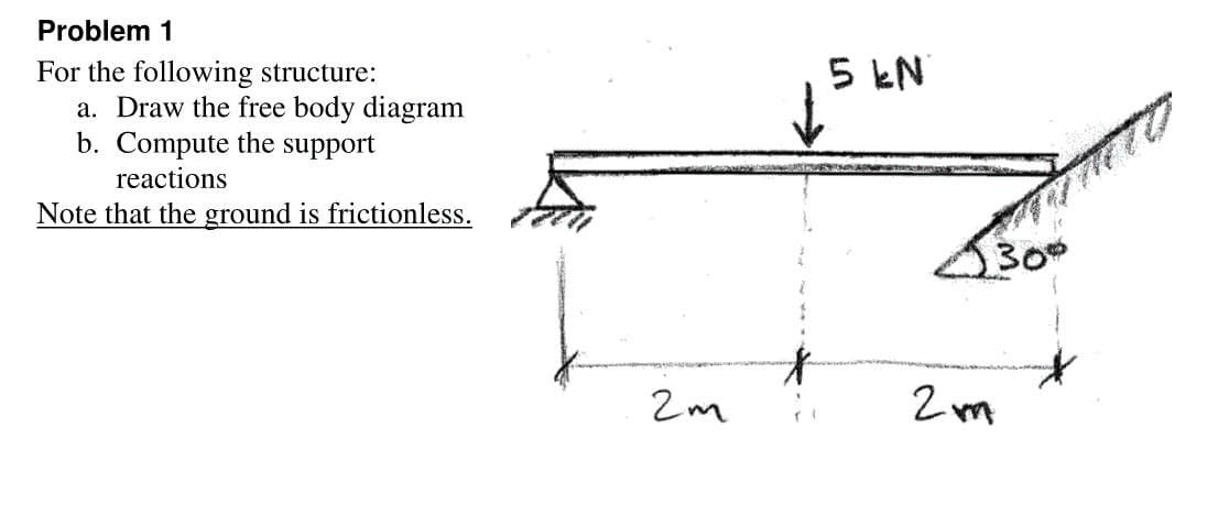 Problem 1
5 kN
For the following structure:
a. Draw the free body diagram
b. Compute the support
reactions
Note that the ground is frictionless.
2 m
