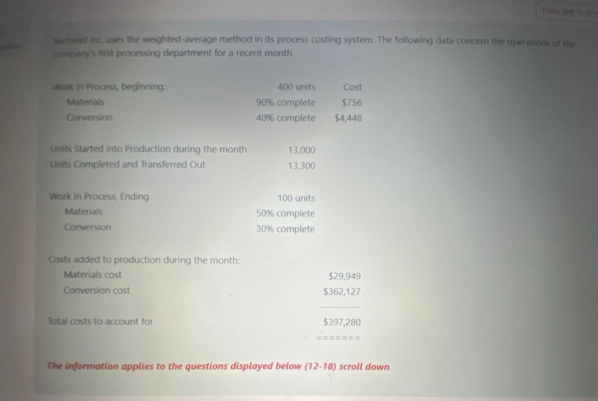 Time lett 1355:
Rachelet inc. uses the weighted-average method in its process costing system. The following data concern the operations of the
tompany's first processing department for a recent month.
Work in Process, beginning:
Materials
400 units
Cost
90% complete
$756
Conversion
40% complete
$4,448
Units Started into Production during the month
13,000
Units Completed and Transferred Out
13,300
Work in Process, Ending
100 units
Materials
50% complete
Conversion
30% complete
Costs added to production during the month:
Materials cost
$29,949
Conversion cost
$362,127
Total costs to account for
$397,280
The information applies to the questions displayed below (12-18) scroll down
