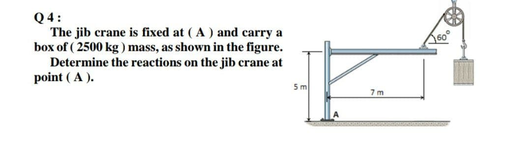 Q 4:
The jib crane is fixed at (A) and carry a
box of ( 2500 kg) mass, as shown in the figure.
Determine the reactions on the jib crane at
point ( A ).
60
5 m
