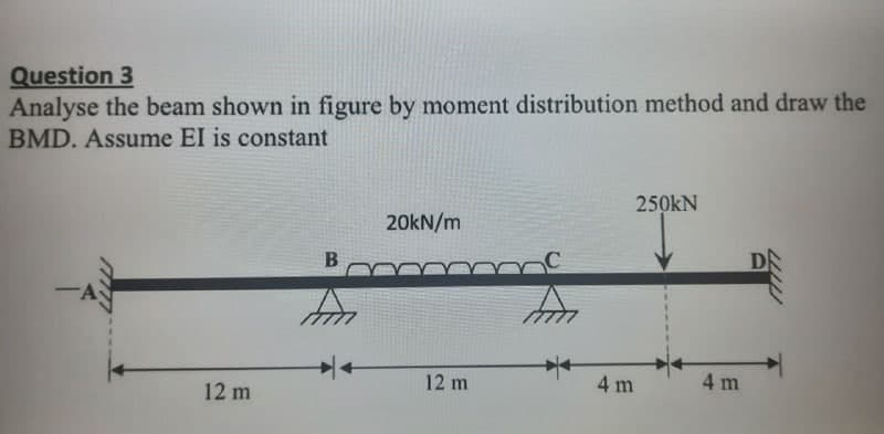 Question 3
Analyse the beam shown in figure by moment distribution method and draw the
BMD. Assume EI is constant
250kN
20KN/m
D
12 m
12 m
4 m
4 m
